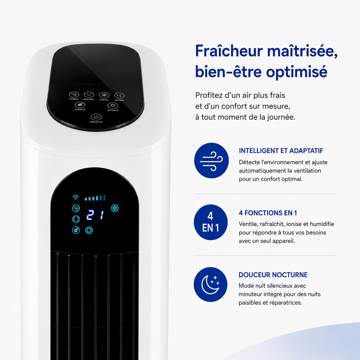 Rafraîchisseur d’Air Colonne 4-en-1 Silencieux avec Télécommande et Réservoir 7L