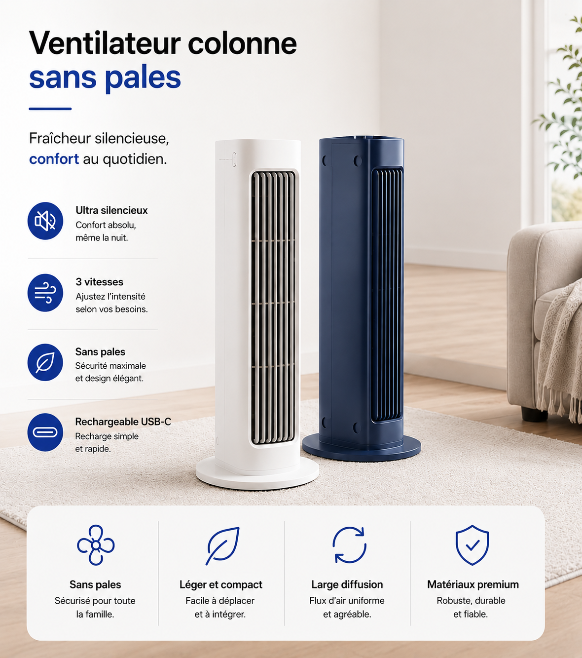 Ventilateur Sans Pales Rechargeable Silencieux avec Oscillation Automatique