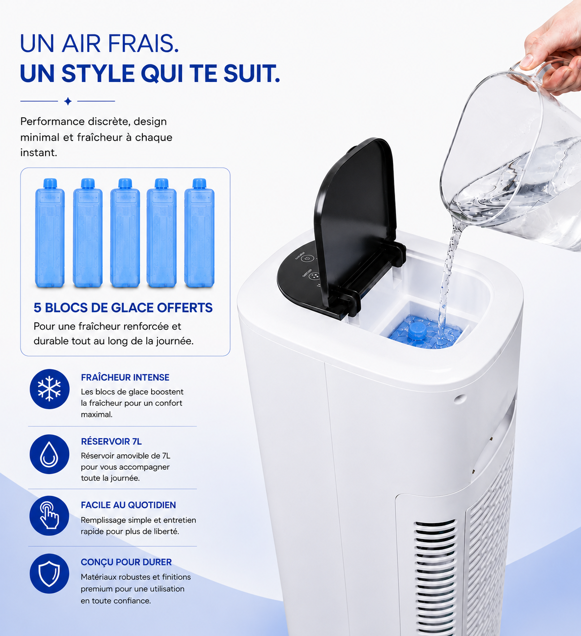 Rafraîchisseur d’Air Colonne 4-en-1 Silencieux avec Télécommande et Réservoir 7L